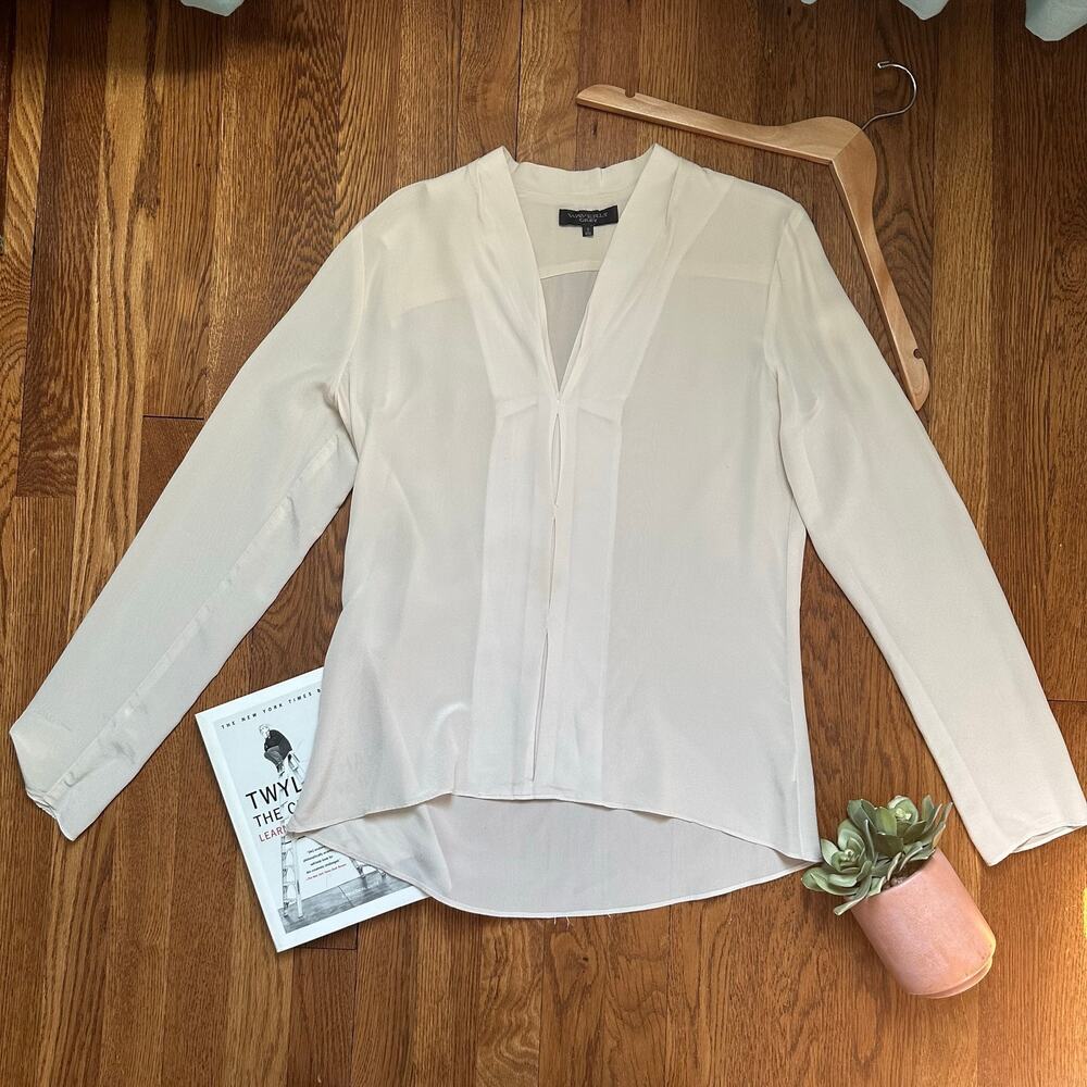 Waverly Grey Beige Sheer 100% Silk V-Neck Long Sleeve Blouse